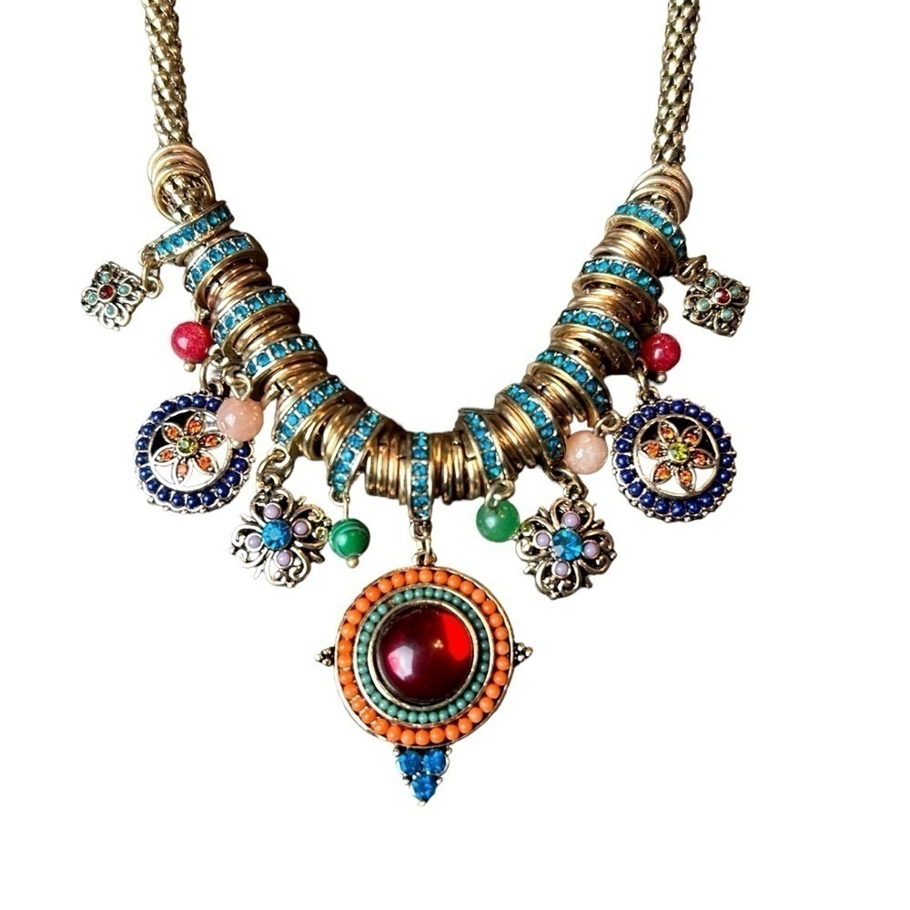 Gold Tone Necklace W/ Jewel Tone Beaded & Rhinestone Charms and Medallions - Picture 9 of 16